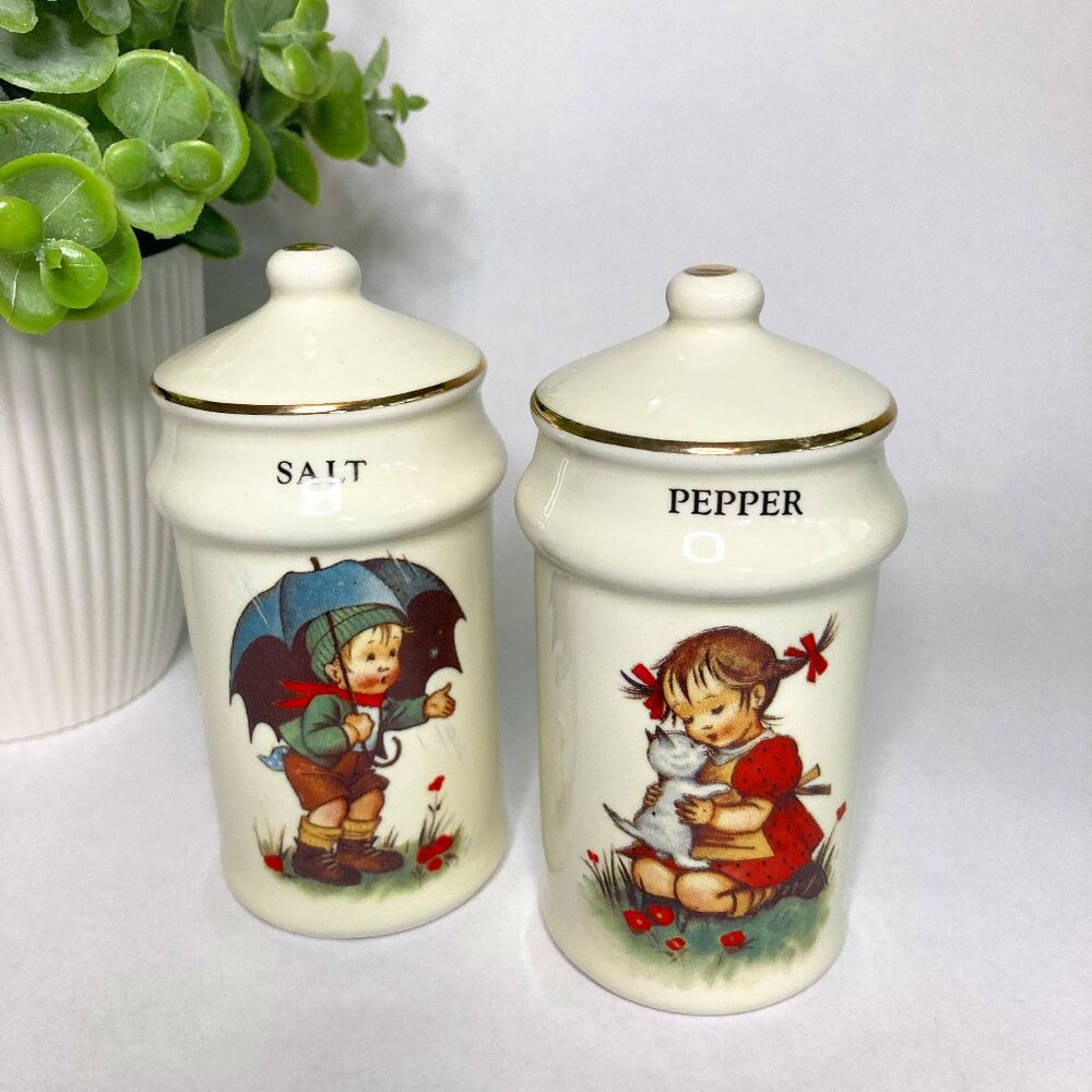 Vintage Salt Pepper Shakers by J.S.N.Y. Taiwan Girl With Kitten Boy And Umbrella